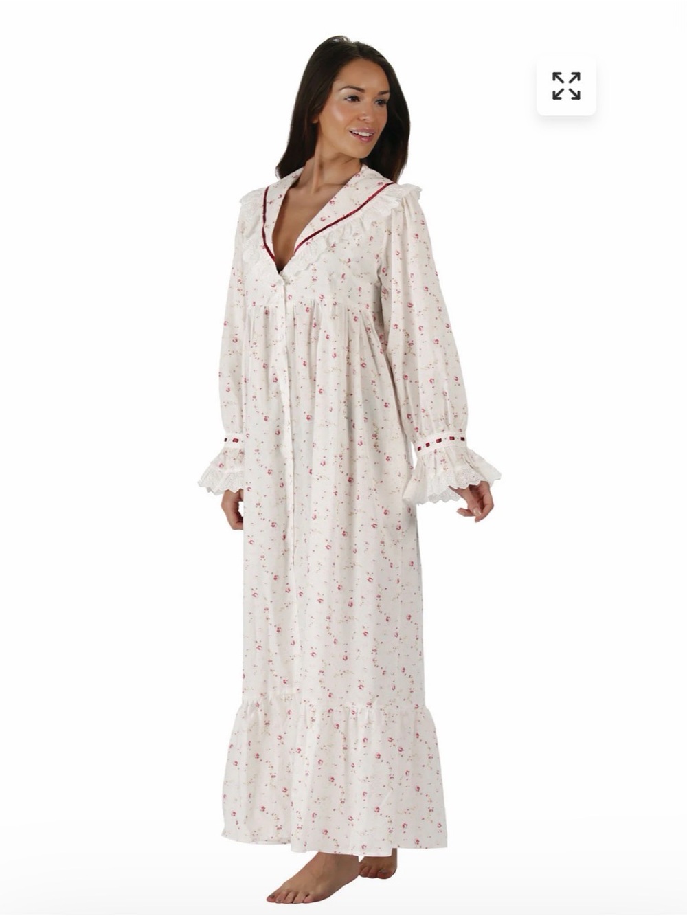 Long Floral Nightgown with Ruffled Collar - Pink Floral - Picture 2 of 5